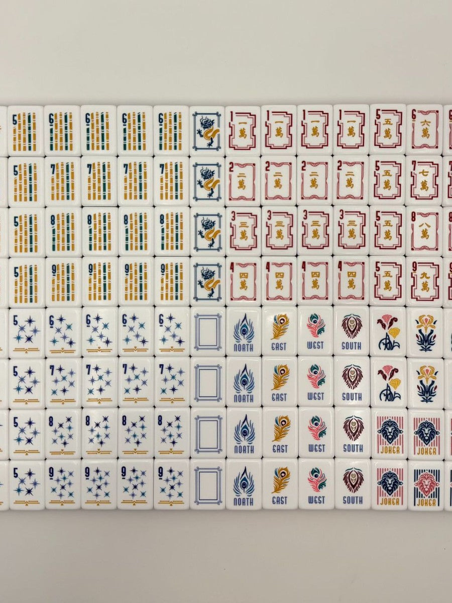 Crimson Lion Mahjong Tiles Set – Glossy Deep Burgundy Wine-Red Gold-Tassel Tile Backs with White Star-Sparkle Dot, Gold-Teal Bamboo, Red-Frame Character, Peacock-Feather Wind & Lion-Head Joker American Mahjong Suit Art