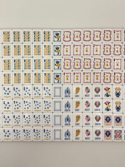 Crimson Lion Mahjong Tiles Set – Glossy Deep Burgundy Wine-Red Gold-Tassel Tile Backs with White Star-Sparkle Dot, Gold-Teal Bamboo, Red-Frame Character, Peacock-Feather Wind & Lion-Head Joker American Mahjong Suit Art