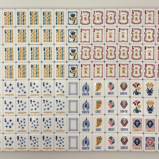 Crimson Lion Mahjong Tiles Set – Glossy Deep Burgundy Wine-Red Gold-Tassel Tile Backs with White Star-Sparkle Dot, Gold-Teal Bamboo, Red-Frame Character, Peacock-Feather Wind & Lion-Head Joker American Mahjong Suit Art