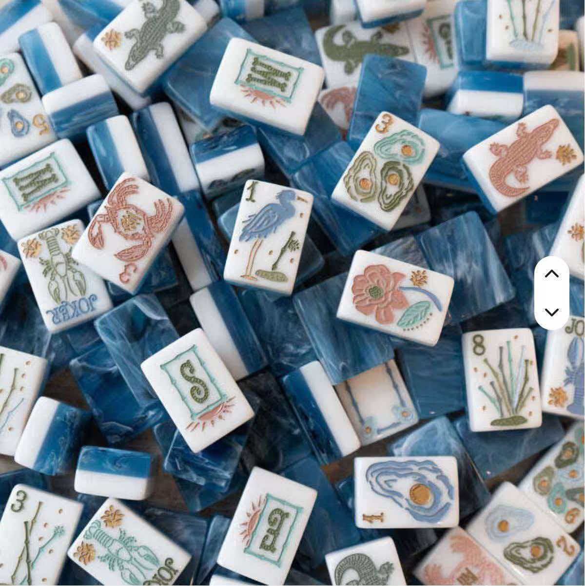 Marshland Tide Mahjong Tiles Set – Ocean-Blue Marbled Tile Backs with Hand-Sculpted Coastal Wildlife Crab, Alligator, Heron & Oyster Motif American Mahjong Suit Art