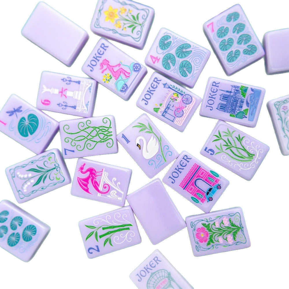 Lavender Parisian Mahjong Tiles Set — Soft pale lavender American mahjong tiles with hand‑drawn Paris landmark jokers, lily‑pad dots, botanical bamboo and vintage French romantic illustrations, 166‑tile tournament set