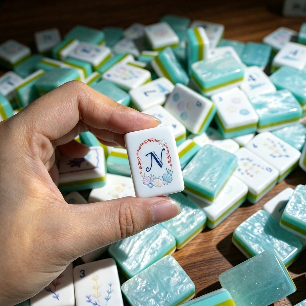 Close-up shot of hand holding North wind mahjong tile with seashell framed artwork, background filled with scattered Ocean Tide mahjong tiles with aqua pearlescent backs