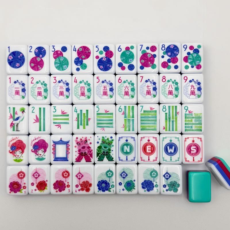Retro Flair mahjong full tile layout display, complete set laid flat, dot, wan, bamboo, joker, wind, dragon and seasonal tiles, pin‑up jokers, lion dance and crane motifs, American mahjong 160 pieces