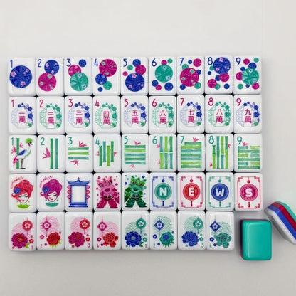 Retro Flair mahjong full tile layout display, complete set laid flat, dot, wan, bamboo, joker, wind, dragon and seasonal tiles, pin‑up jokers, lion dance and crane motifs, American mahjong 160 pieces