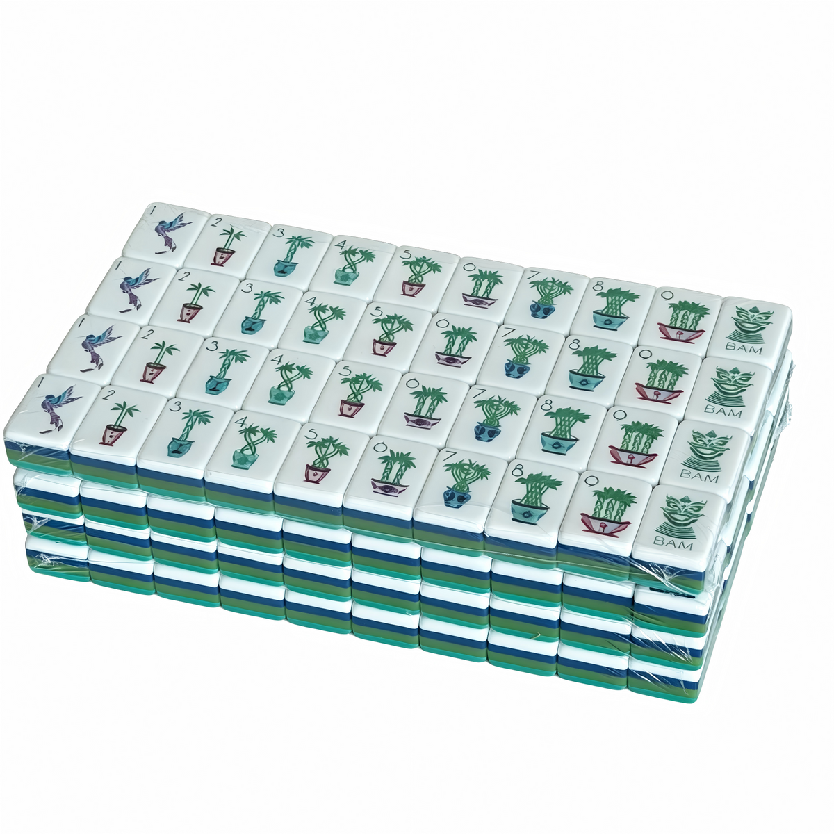 Emerald Classic Mahjong Tiles Set - Solid Gloss Emerald Green Acrylic Backs with Multi Floral Joker, Dot & Bamboo Traditional Suit Art