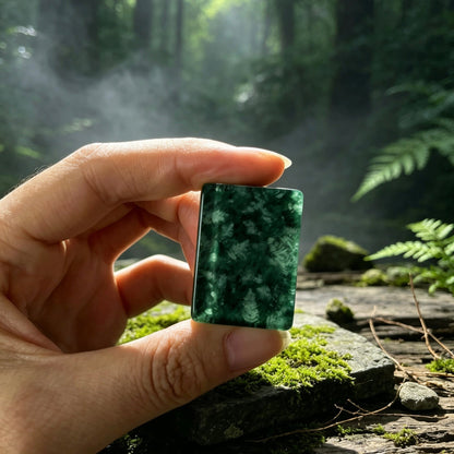 Three forest fern mahjong tiles arranged on weathered wood log, translucent green fern leaf backs, white tile face with North wind N letter design, sunbeam forest backdrop