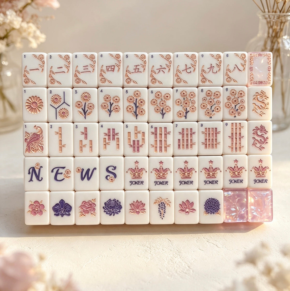 Flat lay full layout of Purple Crown Pearl American mahjong set, white tiles with embossed purple floral, dragon, lotus and crown joker artwork, cream textured surface with roses