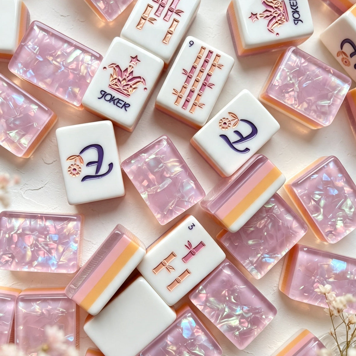 Overhead shot of Purple Crown Pearl mahjong tiles stacked and scattered, iridescent purple pearl backs, embossed dragon and bamboo tile designs, dried flower styling