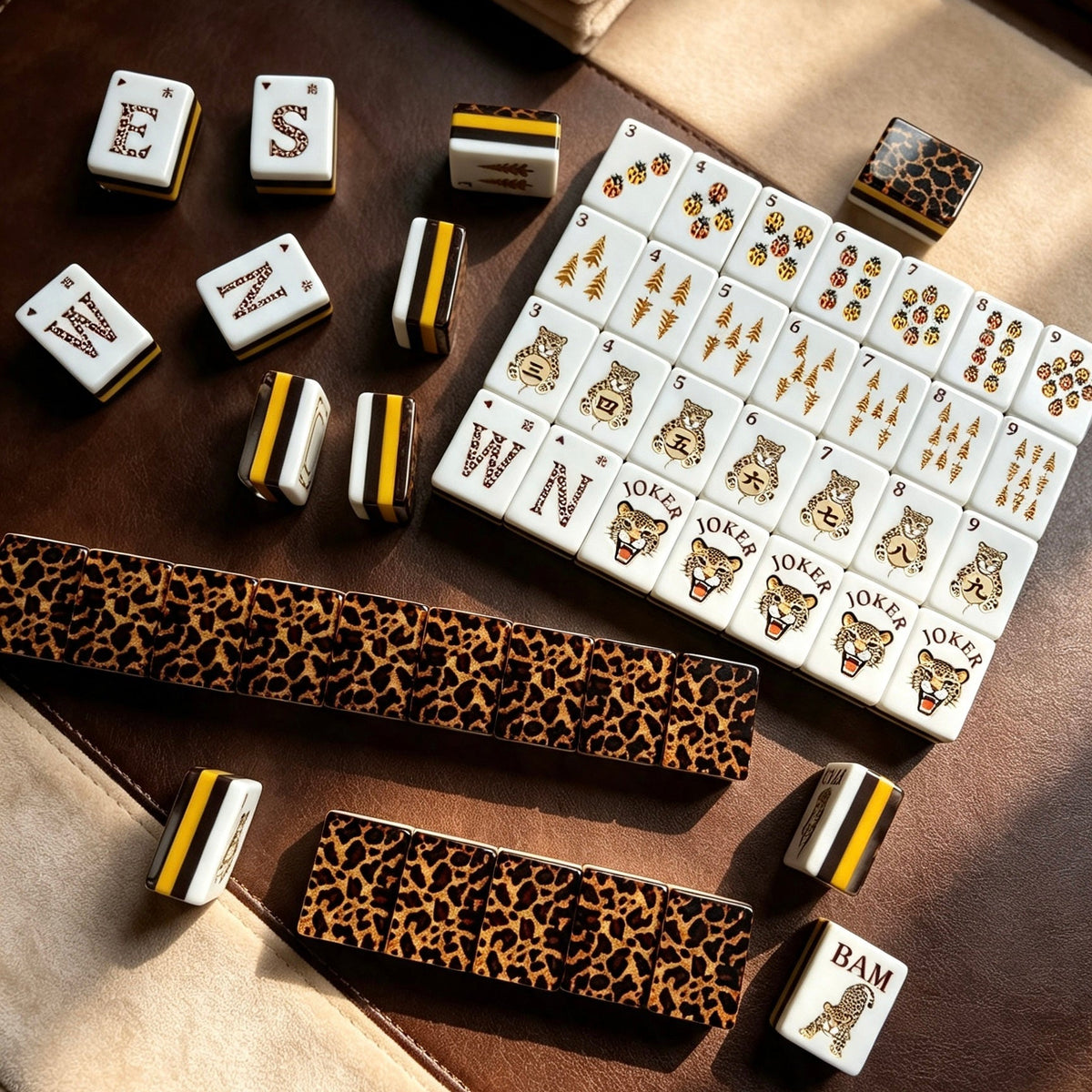Top-down full layout of Leopard Luxe mahjong set, ladybug dot tiles, golden pine bamboo tiles, leopard character tiles, floral flower tiles and leopard face jokers on marble background
