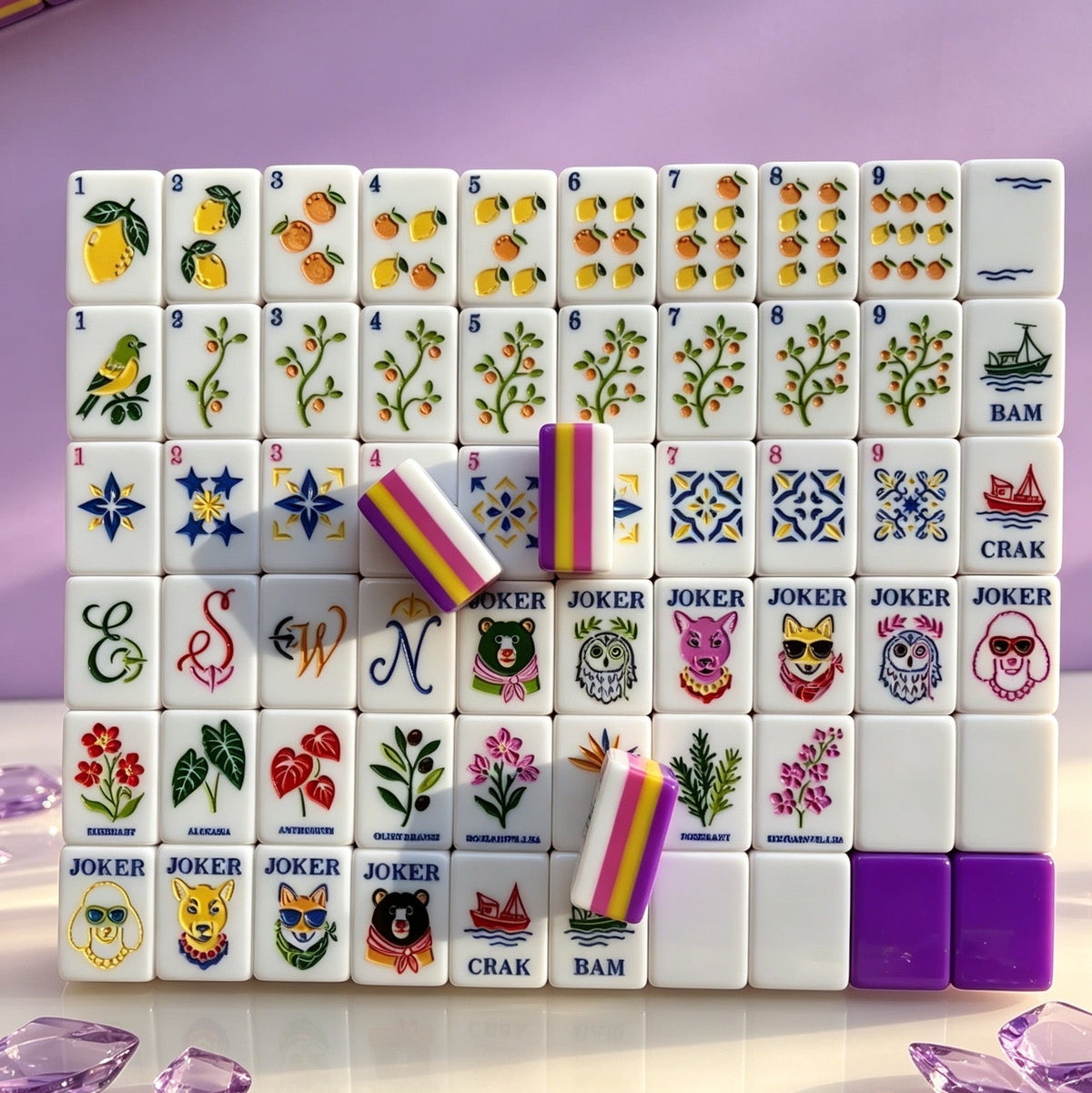 Full neatly arranged display of Purple Rainbow Striped Fruit & Fox Joker mahjong set, complete fruit, floral and animal joker tiles, styled on light stone countertop against soft purple backdrop