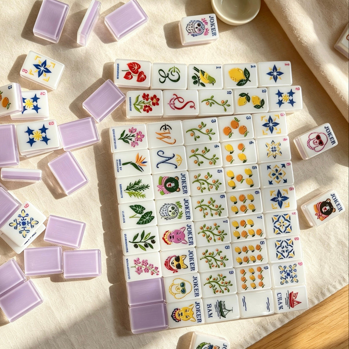 Neat full display of Lavender Fruit & Floral American mahjong tiles, complete illustrated fruit, floral and cartoon joker tiles, wooden table with books and coffee cup background
