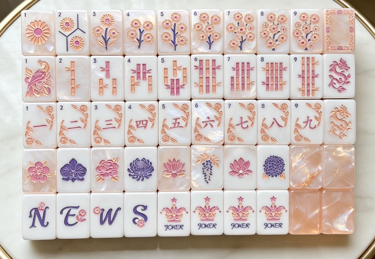 Stacked Blush Sakura American mahjong tiles, showing front floral art and soft shimmer pearlescent blush backs, romantic luxury mahjong collection