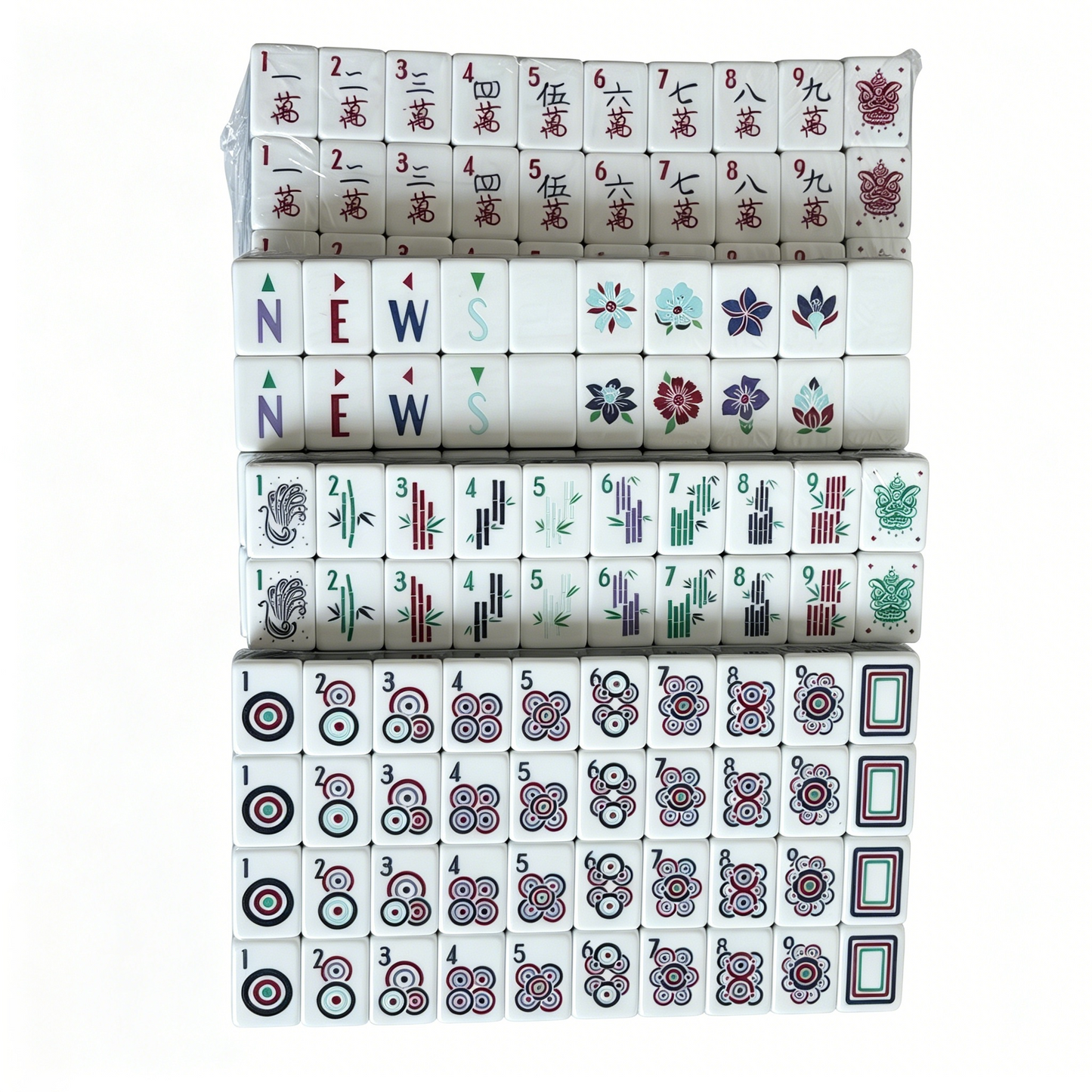 Hand-painted Chinoiserie lanterns and Jokers on detailed American Mahjong tiles from USA Mahjong Co. Enchanted Garden design.