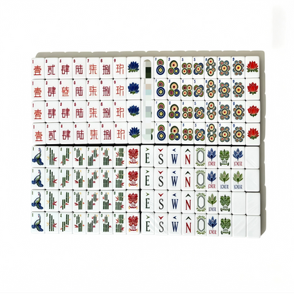 Walnut Vintage Mahjong Tiles Set - Textured Walnut Wood-Grain Acrylic Backs with Lotus Floral, Peacock Bamboo & Dot Suit Art