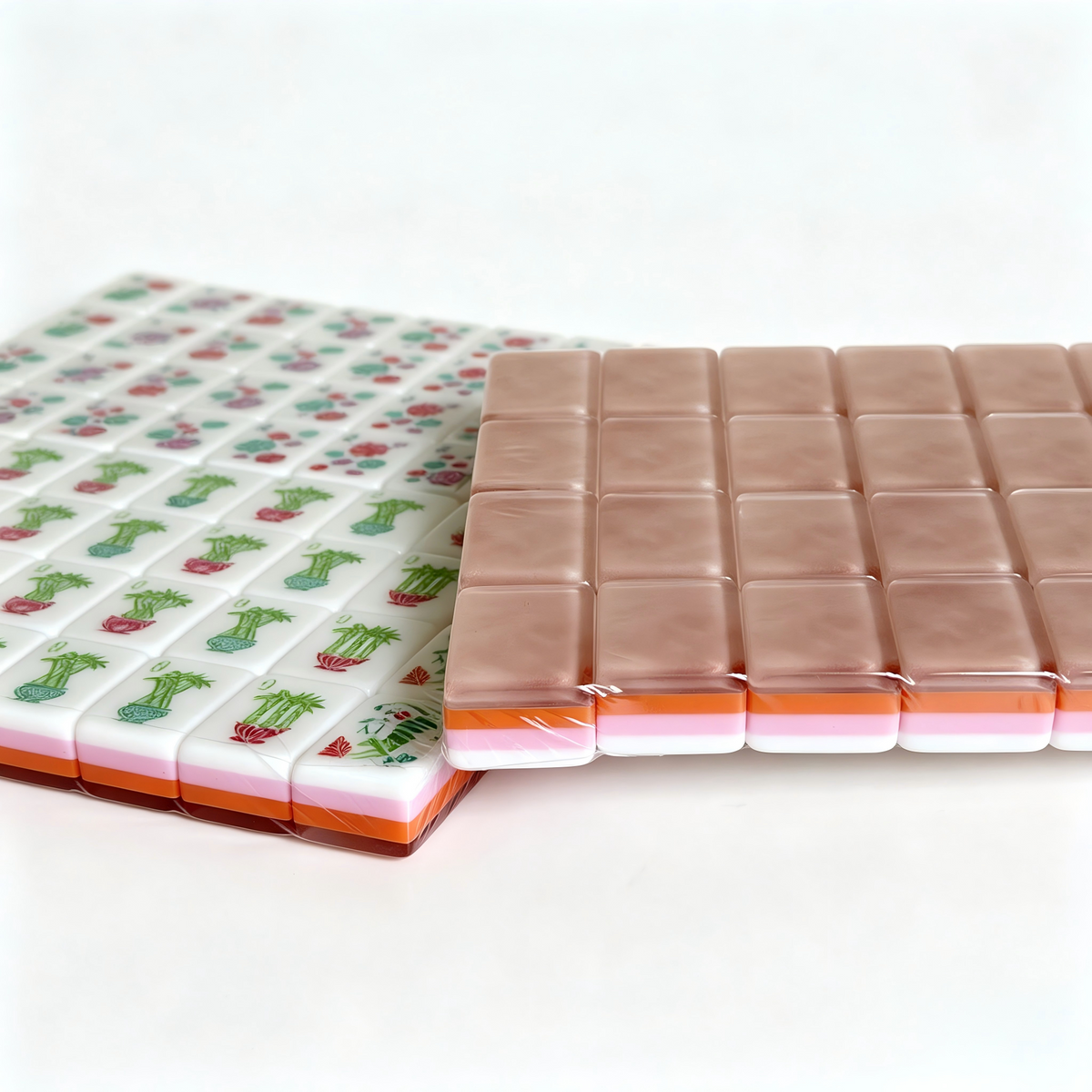 1. Blush Petal Mahjong Tiles Set - Two-Tone Blush Pink Gloss Acrylic Backs with Floral Joker, Dot, Bamboo & Character Suit Art