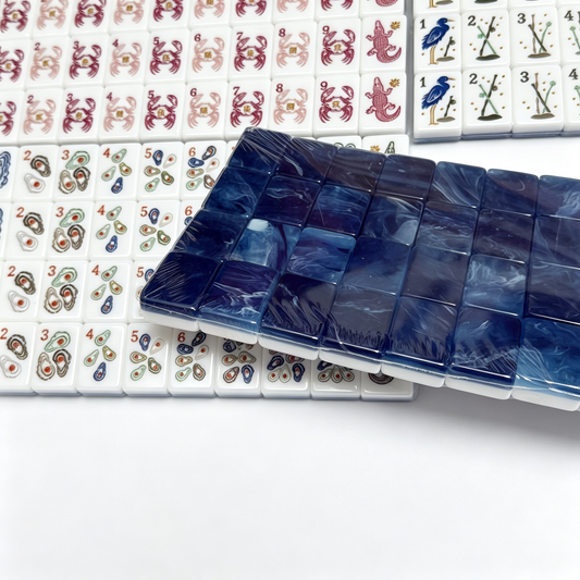 Marshland Tide Mahjong Tiles Set – Ocean-Blue Marbled Tile Backs with Hand-Sculpted Coastal Wildlife Crab, Alligator, Heron & Oyster Motif American Mahjong Suit Art