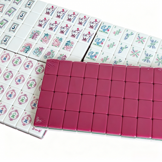 Fuchsia Petal Mahjong Tiles Set - Gloss Solid Fuchsia Hot Pink Acrylic Backs with Delicate Multi-Tone Floral Joker, Floral Dot & Thin Bamboo Suit Art