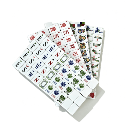 American Mahjong Set with 166 premium wood-grain tiles, tortoiseshell amber backs, and bohemian mandala dots.