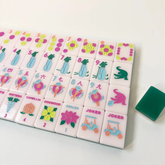 Country_Club_Mahjong_Tiles_Set_Glossy_Solid_Golf-Green_Tile_Backs_with_Soft_Blush-Pink_Tennis-Ball_Dot_Golf-Bag_Bamboo_Poolside_Character_Golf-Flag_Wind_Augusta-Flower_Golf-Cart_Joker_American_Mahjong_Suit_Art