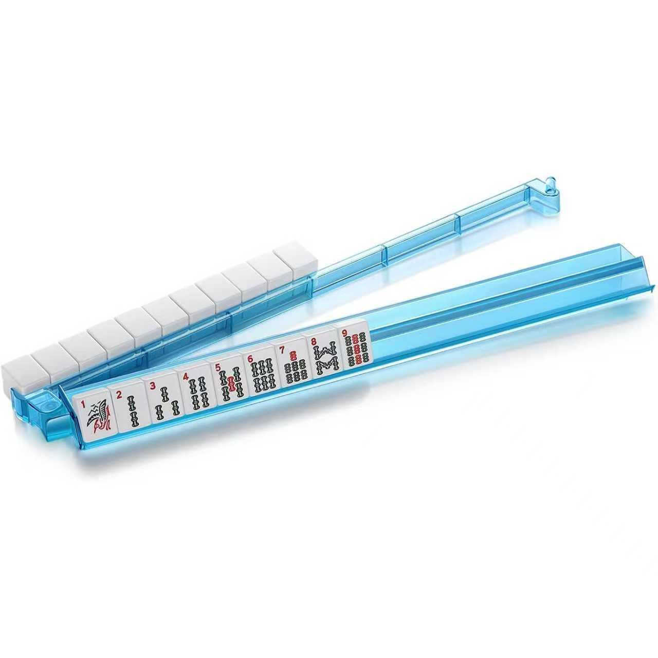 Blue Acrylic Mahjong Rack with Folding Pusher Arm - NMJL Tournament Accessory