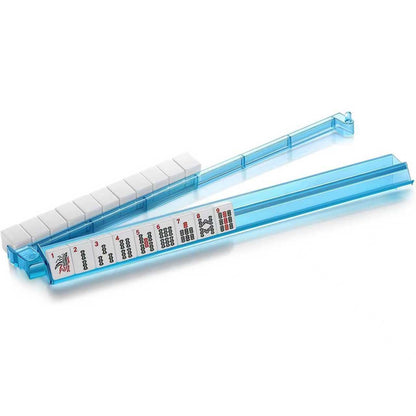 Blue Acrylic Mahjong Rack with Folding Pusher Arm - NMJL Tournament Accessory