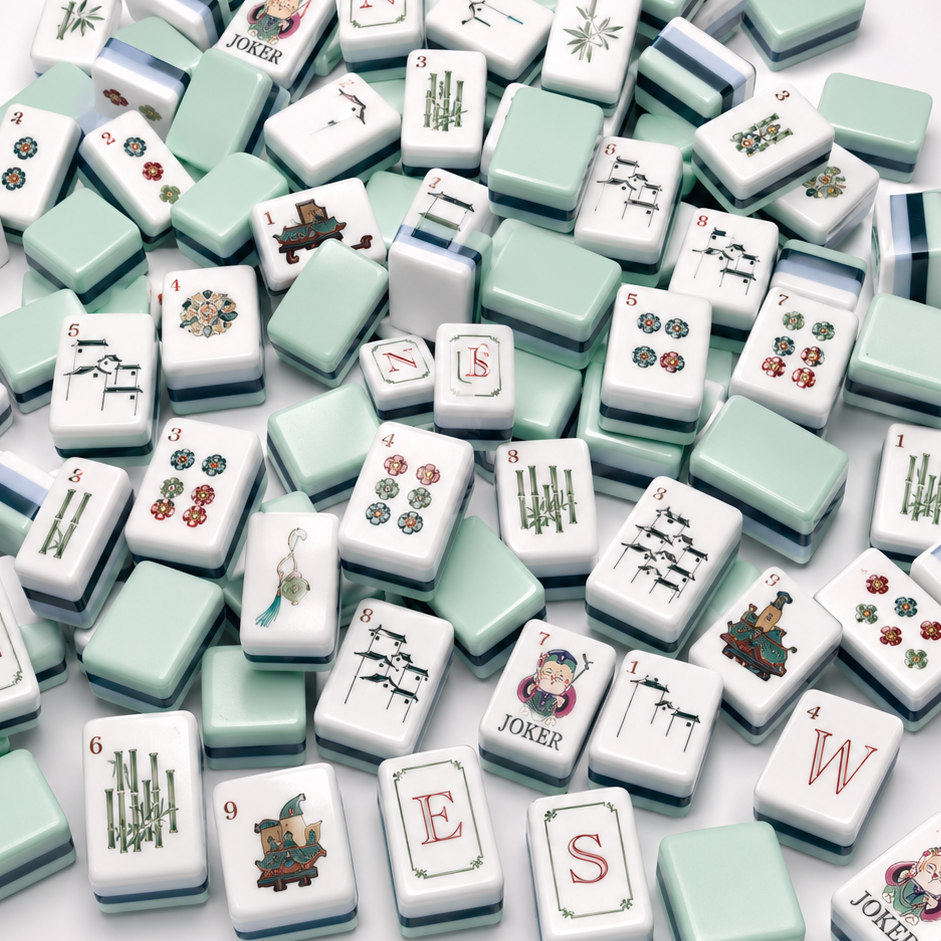 Flat lay full layout of Chinese Sage American mahjong tiles on minimalist chinese ink wash background, mint green acrylic backs, white tile faces with floral dot tiles, bamboo bams, ancient chinese house cracks and cute sage joker illustrations