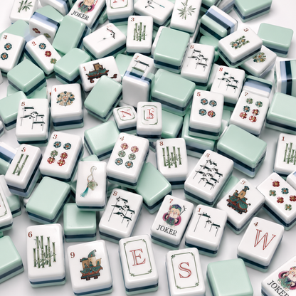 Flat lay full layout of Chinese Sage American mahjong tiles on minimalist chinese ink wash background, mint green acrylic backs, white tile faces with floral dot tiles, bamboo bams, ancient chinese house cracks and cute sage joker illustrations