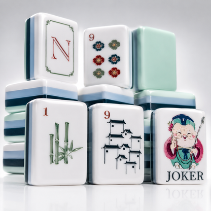 Close-up stacked shot of Chinese Sage mahjong tiles on reflective white background, showcasing wind tile, floral dot tile, bamboo tile, ancient house tile and cartoon sage joker tile