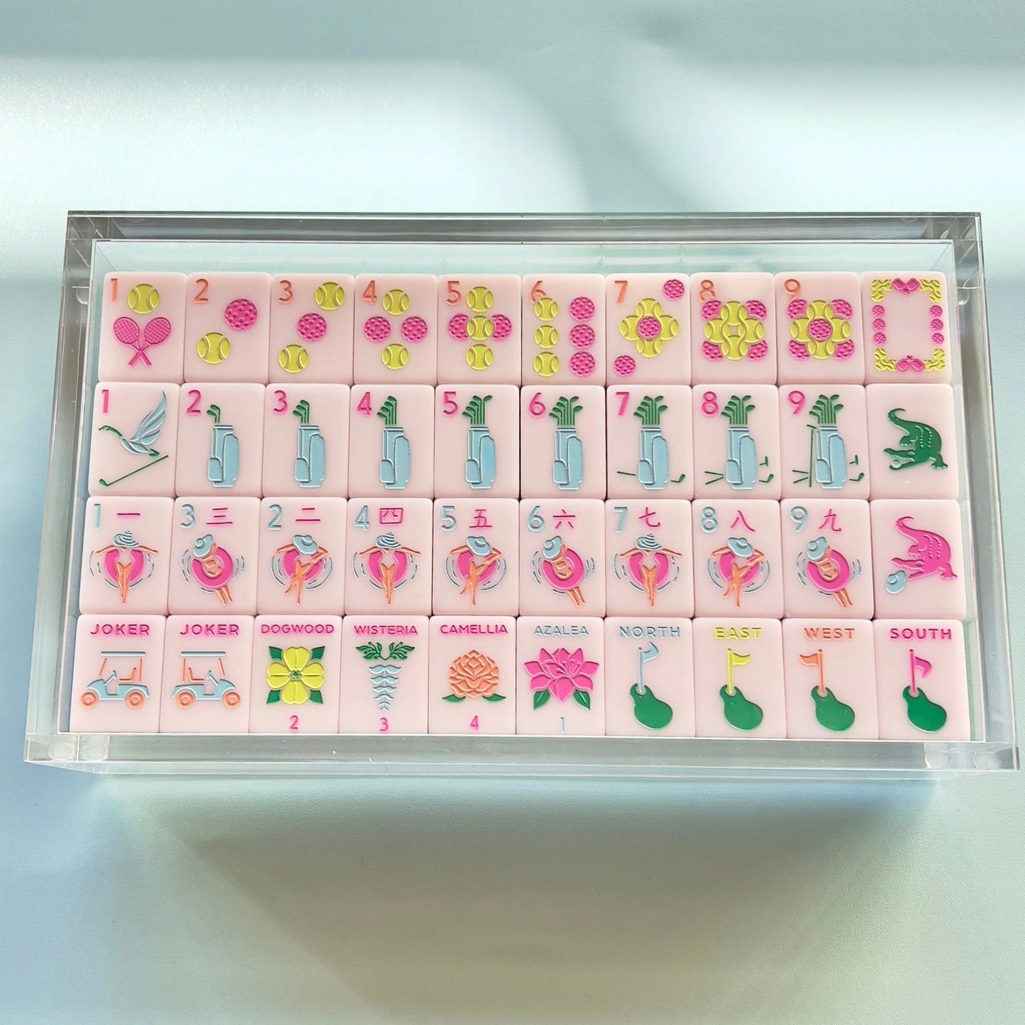 Country_Club_Mahjong_Tiles_Set_Glossy_Solid_Golf-Green_Tile_Backs_with_Soft_Blush-Pink_Tennis-Ball_Dot_Golf-Bag_Bamboo_Poolside_Character_Golf-Flag_Wind_Augusta-Flower_Golf-Cart_Joker_American_Mahjong_Suit_Art