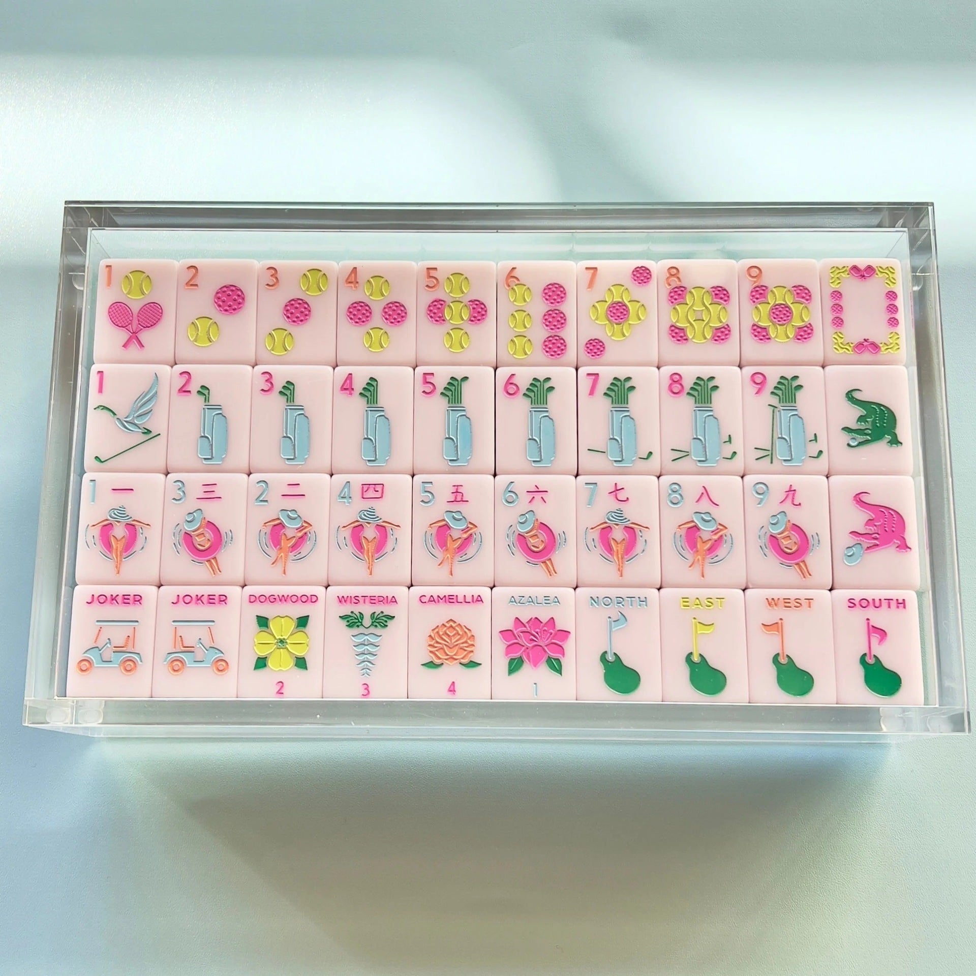 Country_Club_Mahjong_Tiles_Set_Glossy_Solid_Golf-Green_Tile_Backs_with_Soft_Blush-Pink_Tennis-Ball_Dot_Golf-Bag_Bamboo_Poolside_Character_Golf-Flag_Wind_Augusta-Flower_Golf-Cart_Joker_American_Mahjong_Suit_Art