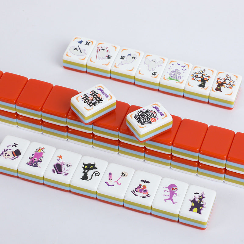 Spooky Night Mahjong Tiles Set – Glossy Orange Candy-Corn Striped Tile Backs with Halloween Pumpkin Dot, Spider-Web Bamboo, Coffin Character, Ghost Wind & Trick-or-Treat Joker American Mahjong Suit Art