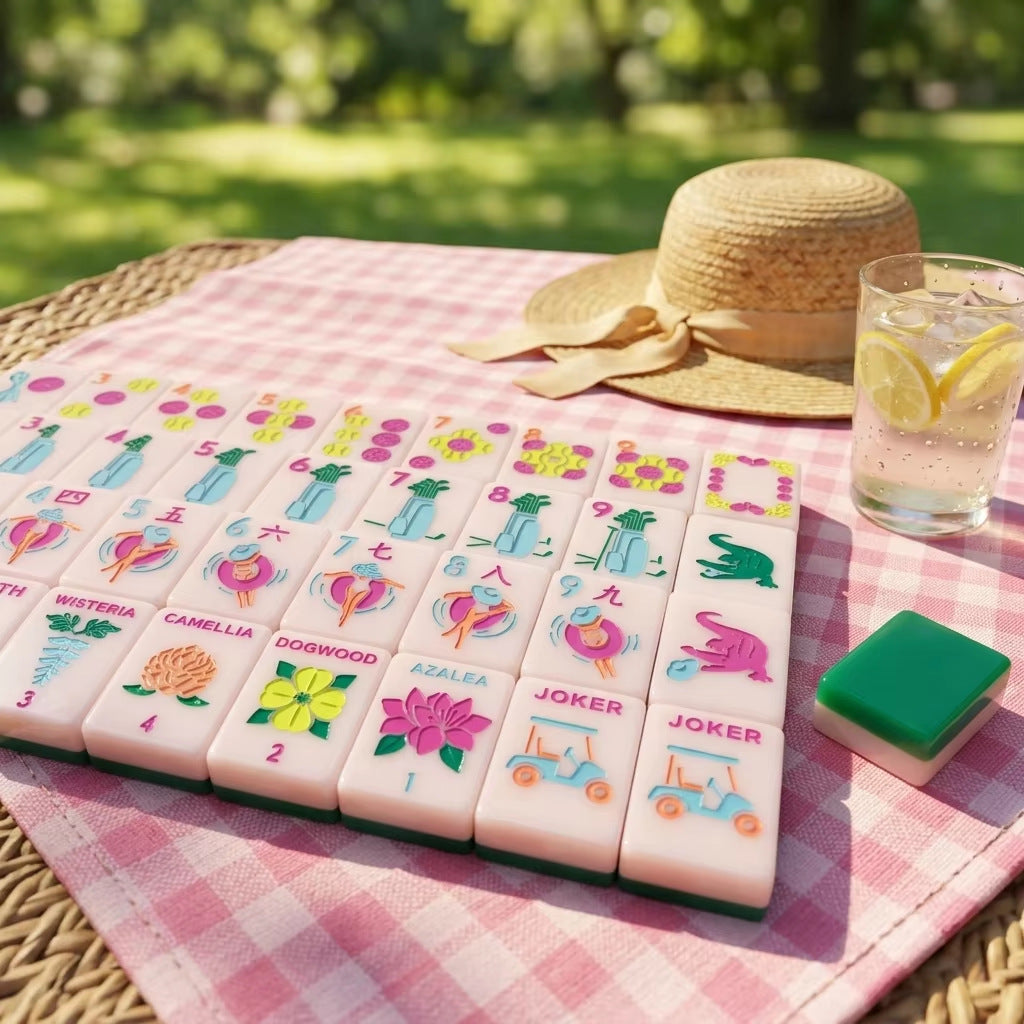 Country_Club_Mahjong_Tiles_Set_Glossy_Solid_Golf-Green_Tile_Backs_with_Soft_Blush-Pink_Tennis-Ball_Dot_Golf-Bag_Bamboo_Poolside_Character_Golf-Flag_Wind_Augusta-Flower_Golf-Cart_Joker_American_Mahjong_Suit_Art