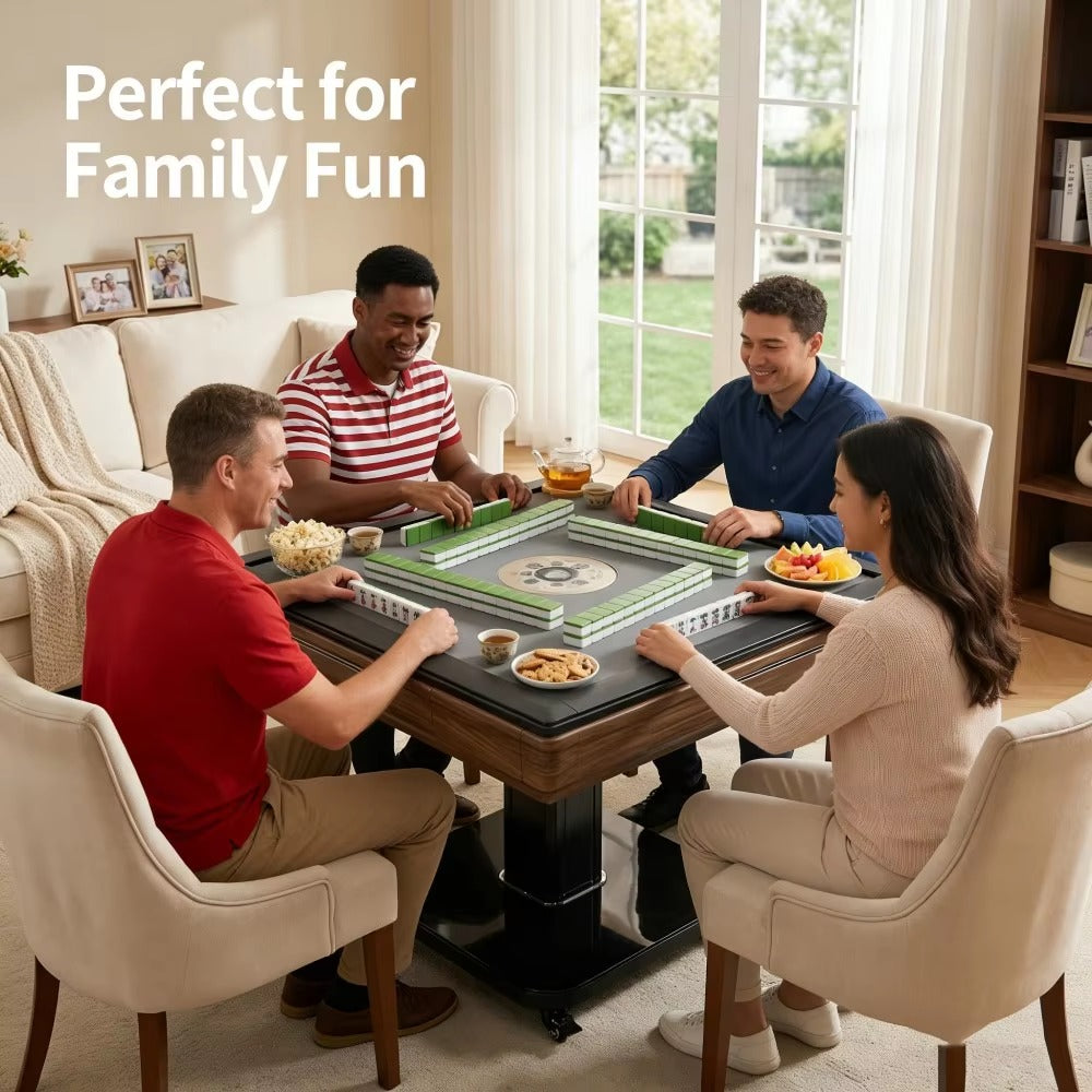 Group of four people playing mahjong on automatic electric mahjong table at cozy home living room, text Perfect for Family Fun
