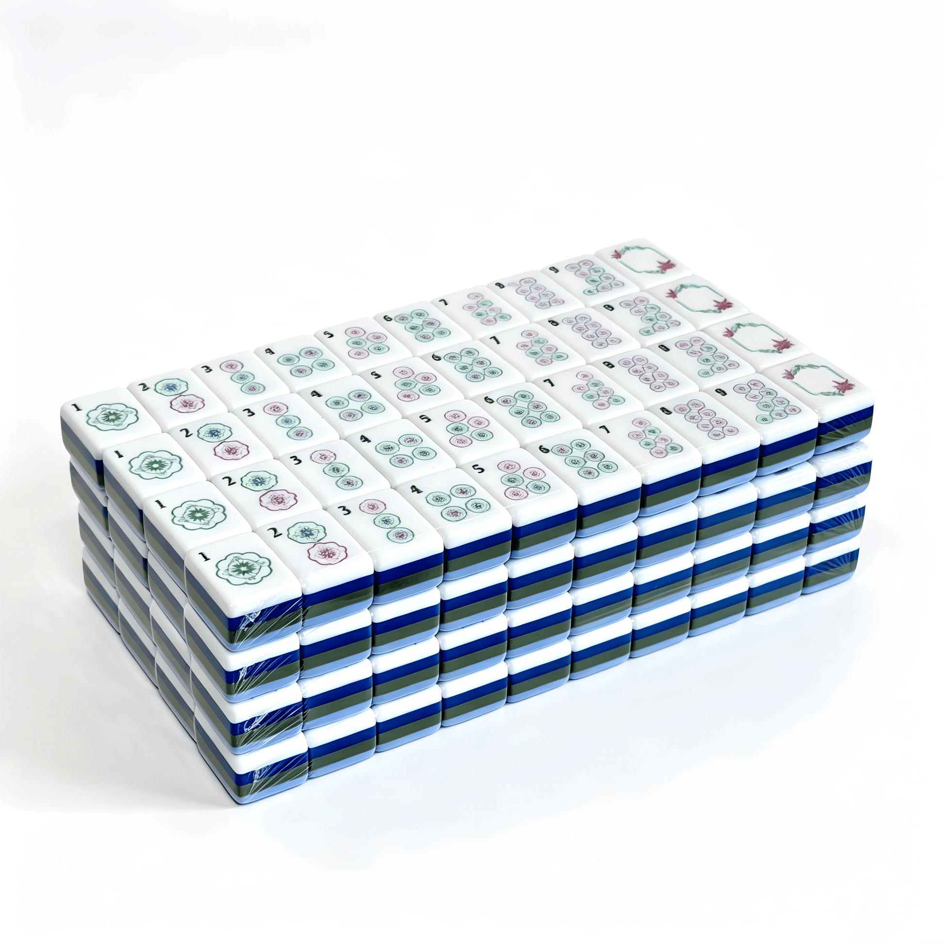 luxury American Mahjong set by USA Mahjong Co. with teal and clear acrylic quad-layer tiles and Chinoiserie lanterns.