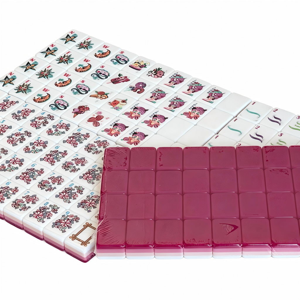 Detailed View of Berry Sorbet Mahjong Tiles - Vibrant Pink-Red Acrylic with Elegant Gold Inlays