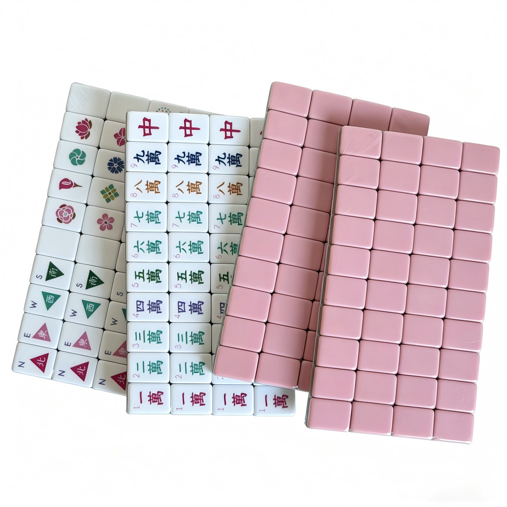 Detailed View of Dusty Rose Mahjong Tiles - Muted Blush Acrylic with Elegant Gold and White Inlays