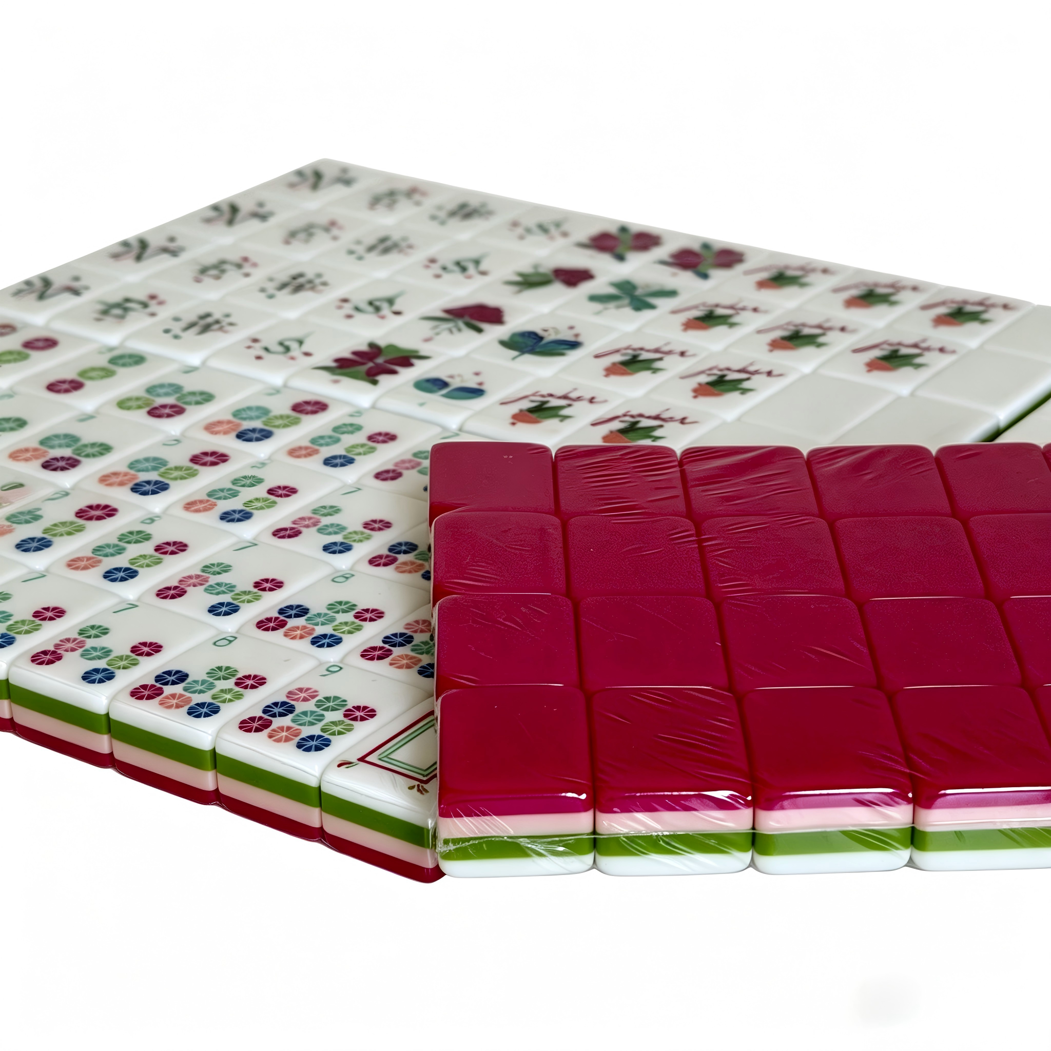 Detailed View of Electric Rose Mahjong Tiles - Vibrant Hot Pink Acrylic with Bold Gold Inlays