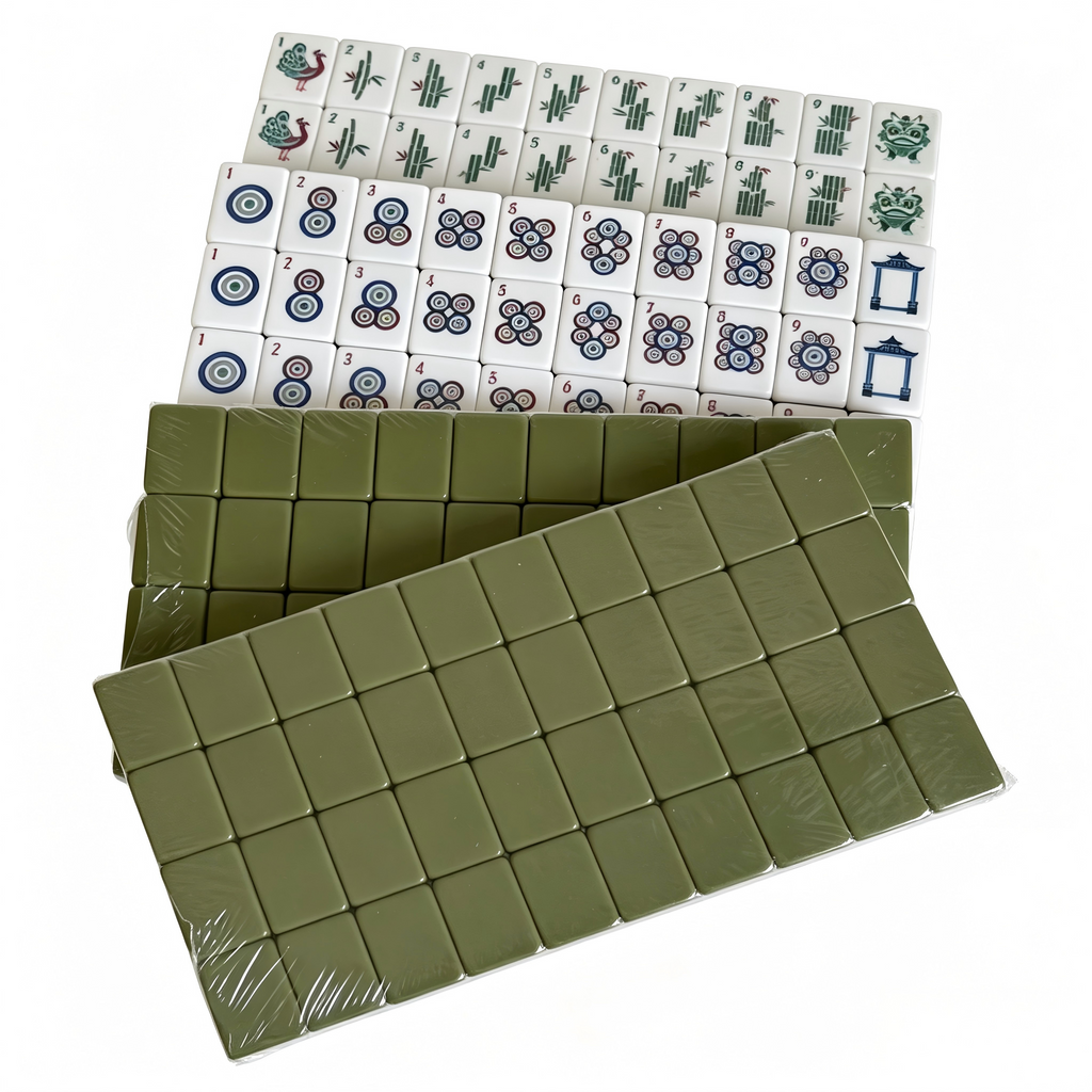 Detailed View of Olive Grove Mahjong Tiles - Earthy Green Acrylic with Elegant Gold and White Inlays