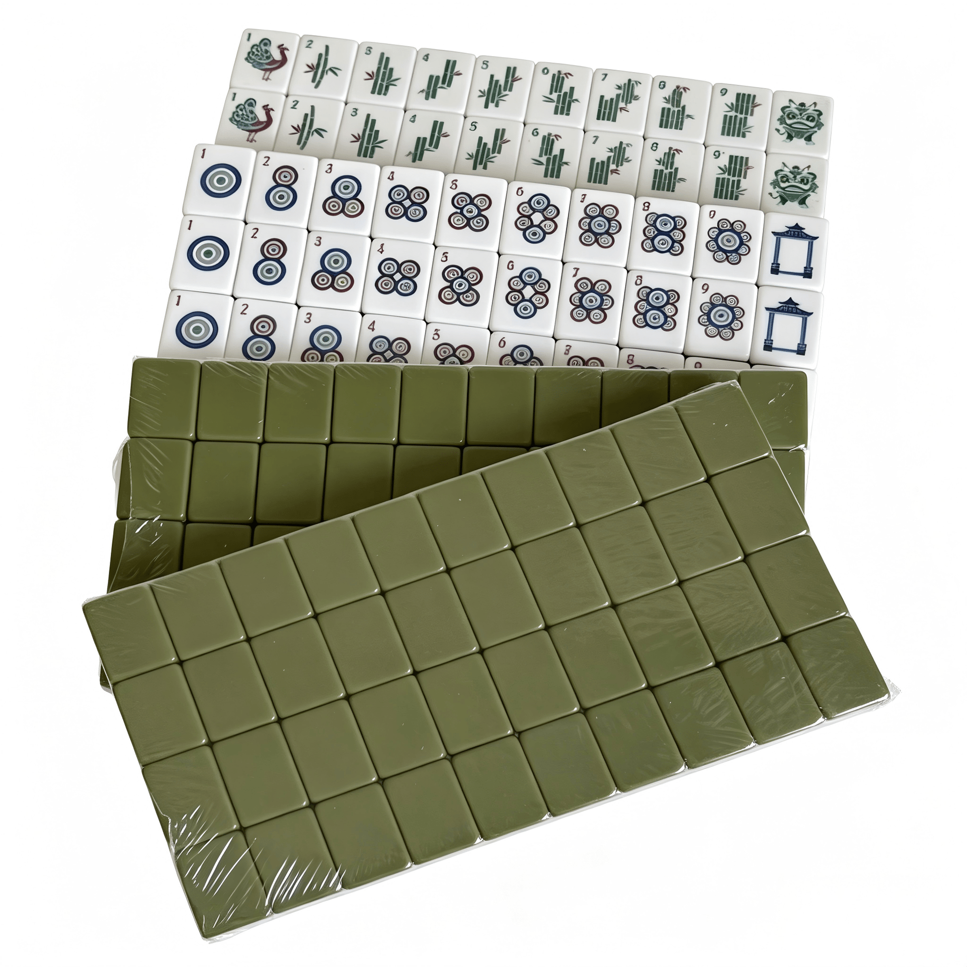 The Olive Grove American Mahjong Set by USA Mahjong Co. with 166 weighted acrylic tiles featuring earthy sage green backs.