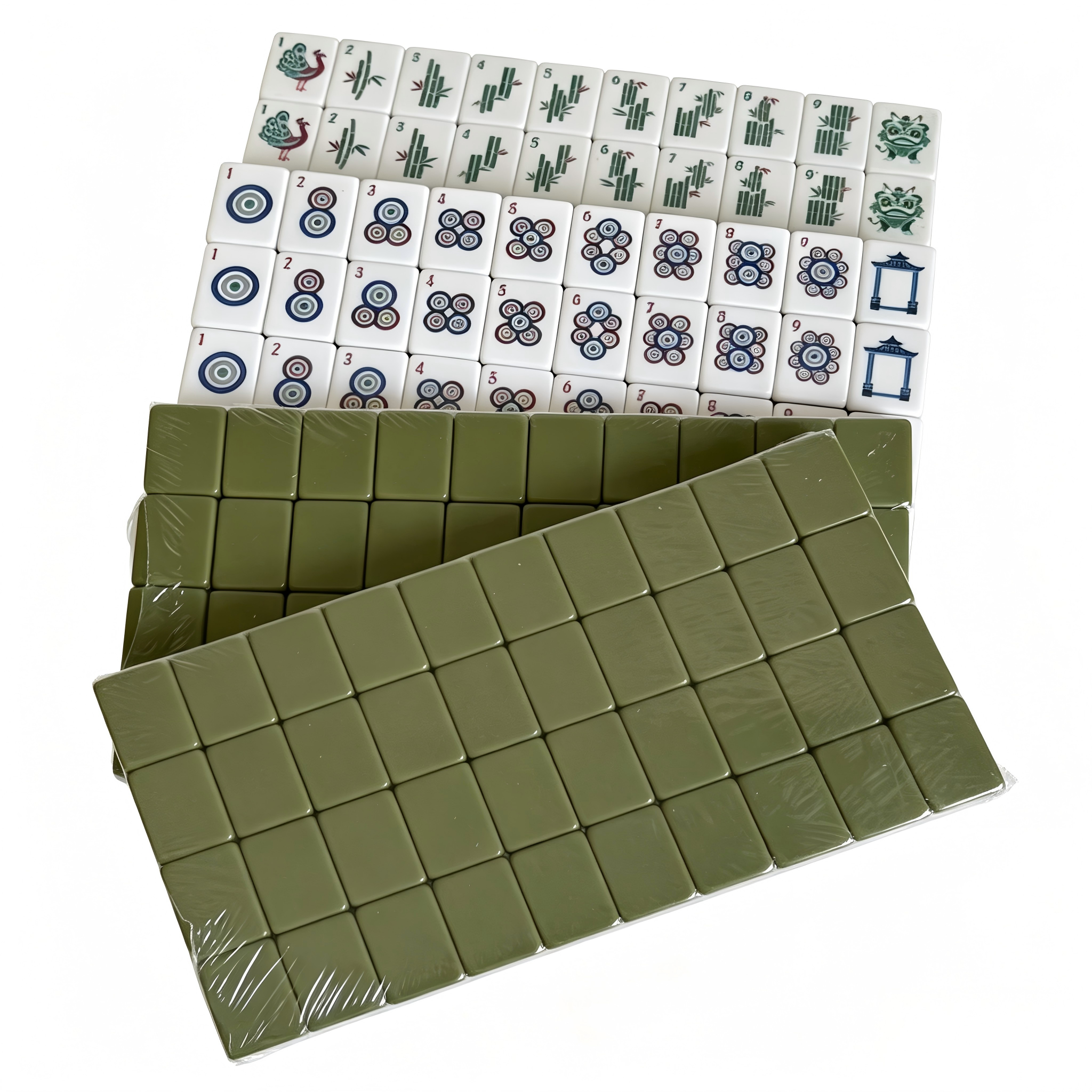 Detailed View of Olive Grove Mahjong Tiles - Earthy Green Acrylic with Elegant Gold and White Inlays