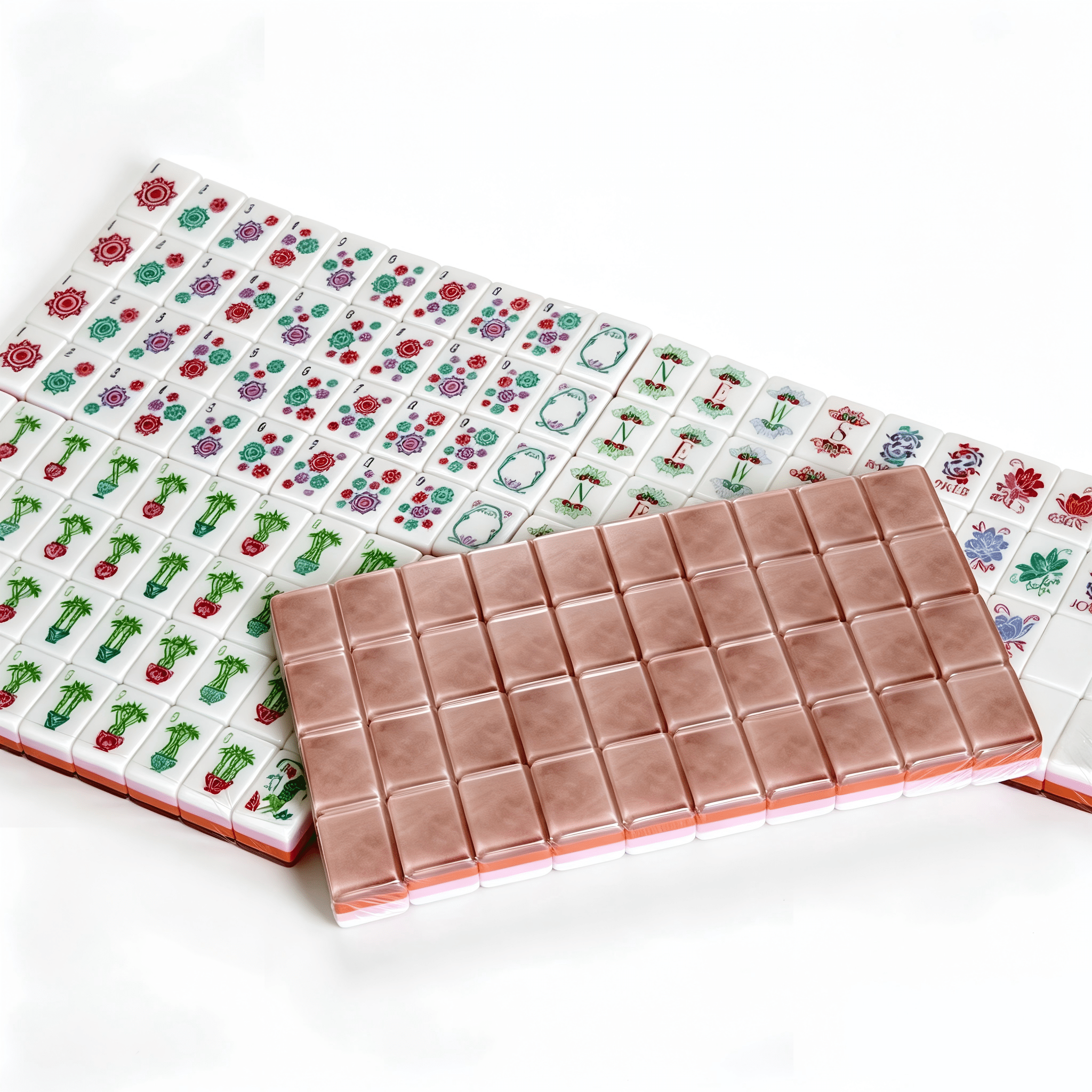 Rose Quartz Blush Petal pastel mahjong tiles with gold inlays styled for a girls' night table