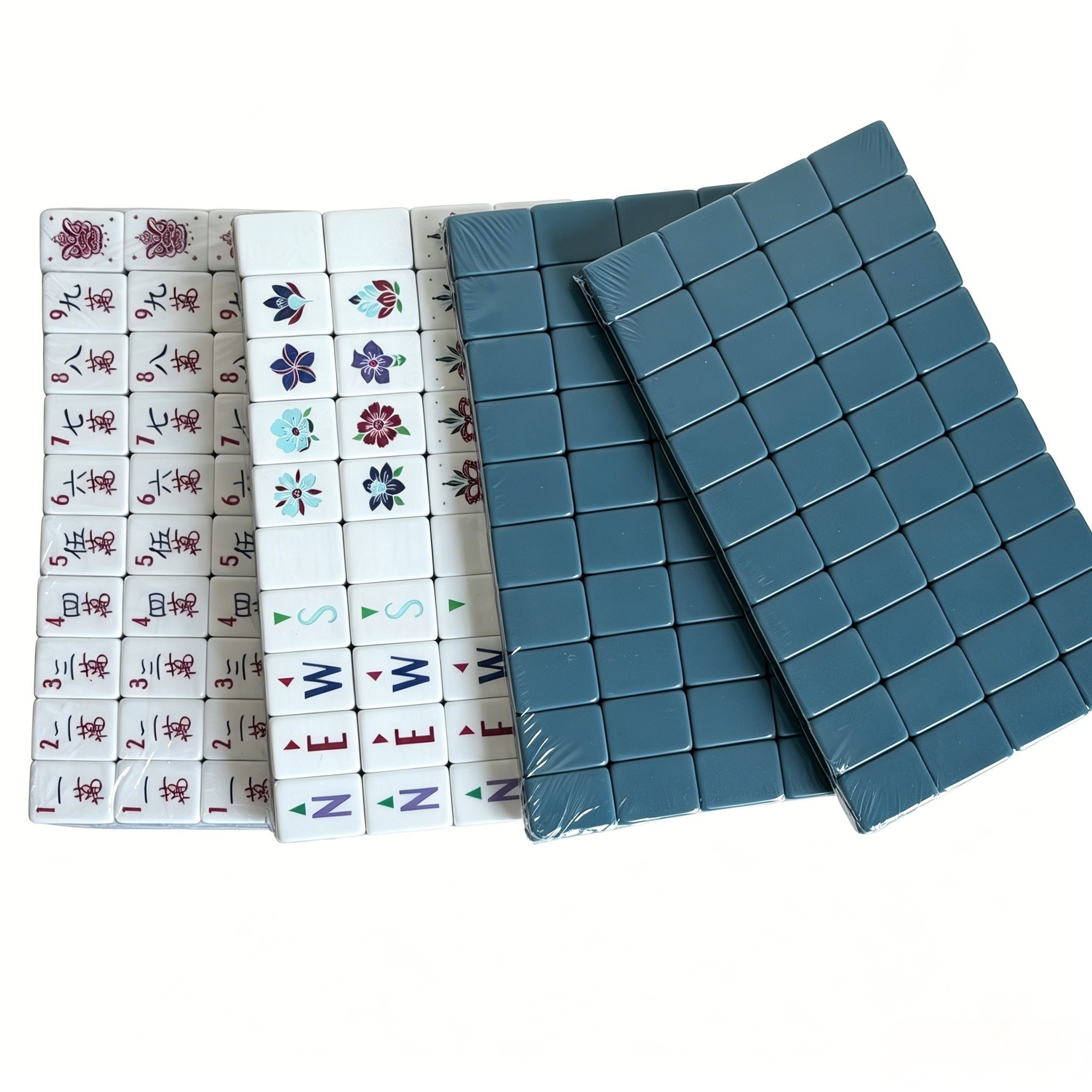 Detailed View of Slate Compass Mahjong Tiles - Minimalist Blue-Grey Acrylic with Crisp Gold Inlays
