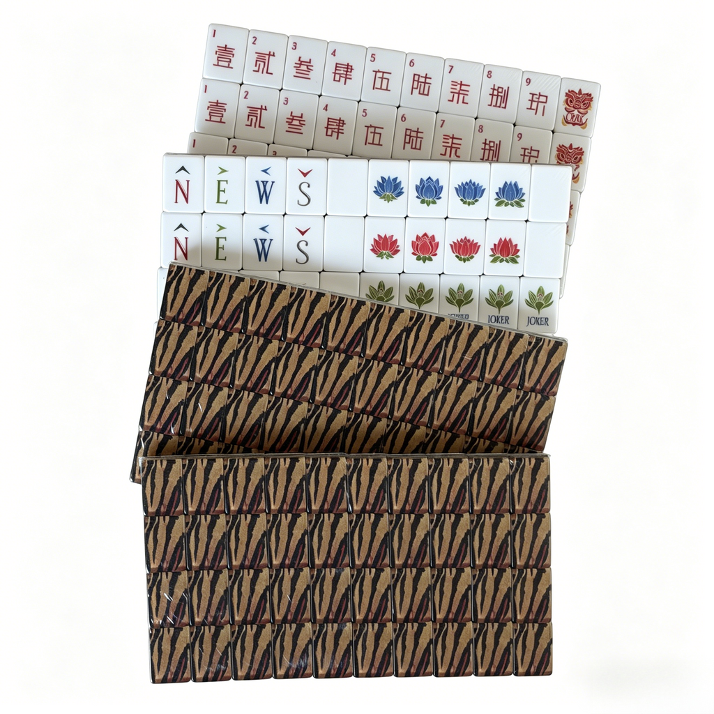 Detailed View of Tiger Strike Mahjong Tiles - Bold Animal Print Backs with Elegant Gold Inlays