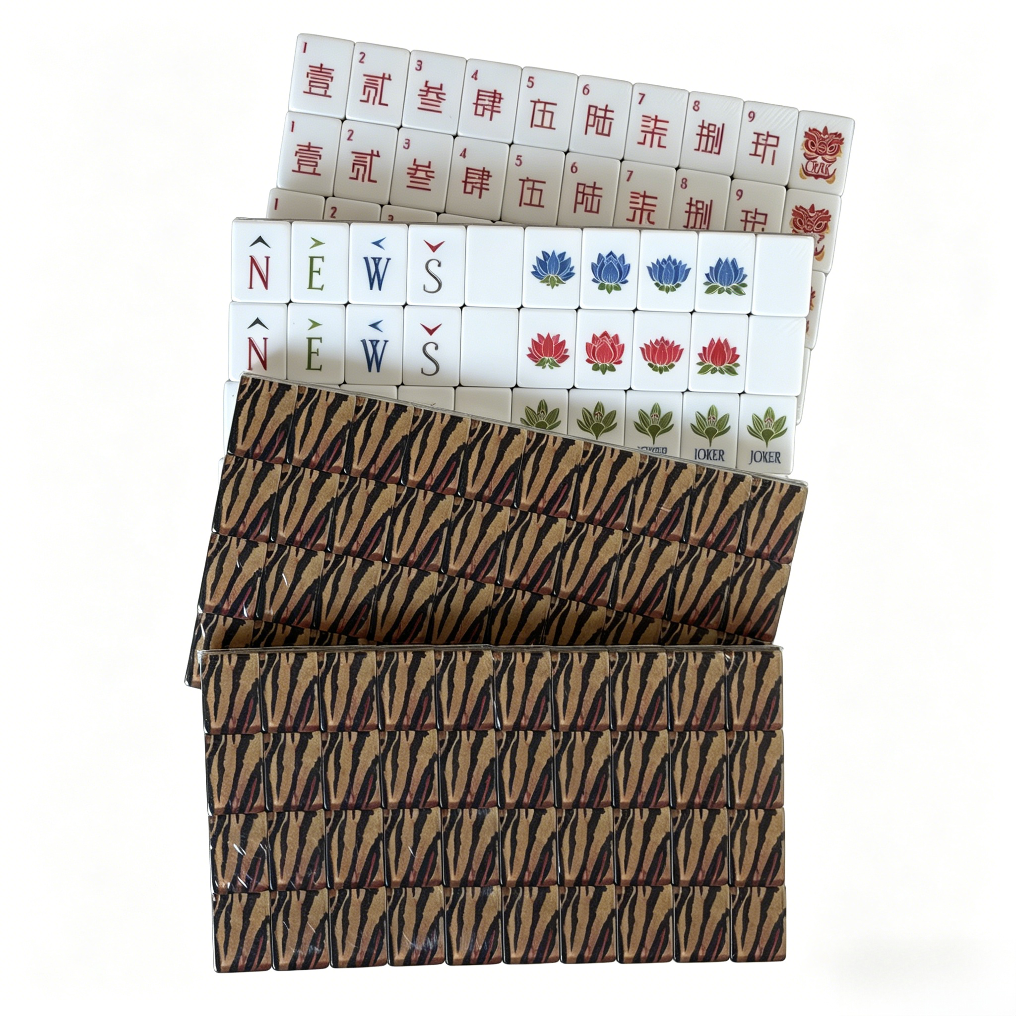 Detailed View of Tiger Strike Mahjong Tiles - Bold Animal Print Backs with Elegant Gold Inlays