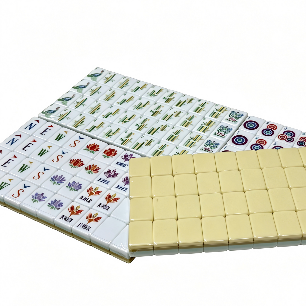 Detailed View of Vanilla Bean Mahjong Tiles - Elegant Creamy White Acrylic with Gold and Black Inlays