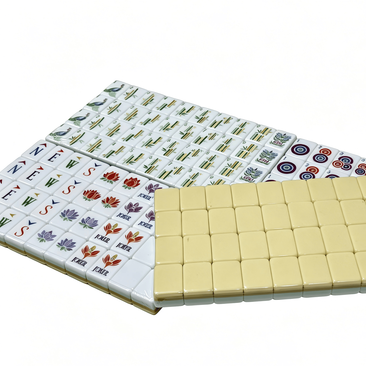 Vanilla Bean Modern American Mahjong Set by USA Mahjong Co. with creamy ivory tiles featuring gold and black inlays.