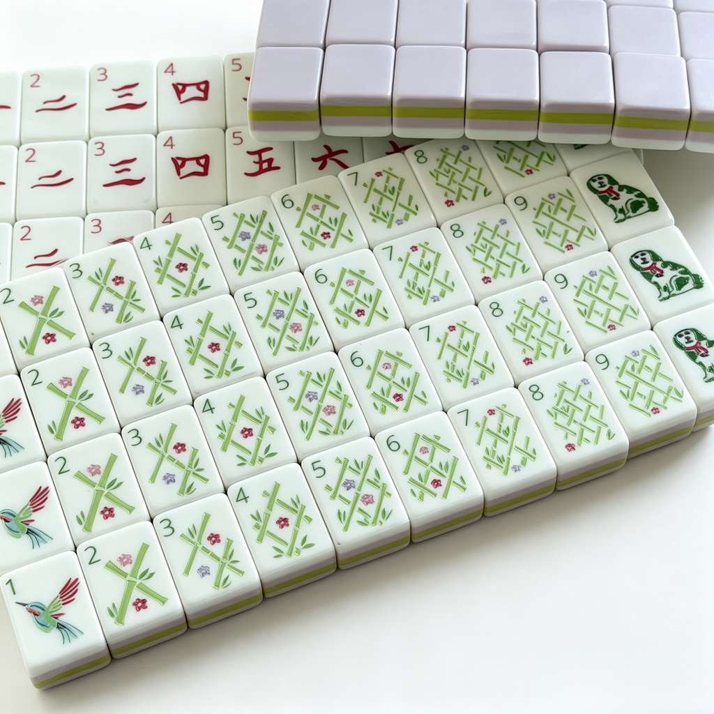 Detailed View of Wisteria Bloom Mahjong Tiles - Soft Purple Acrylic with Elegant Gold and White Inlays