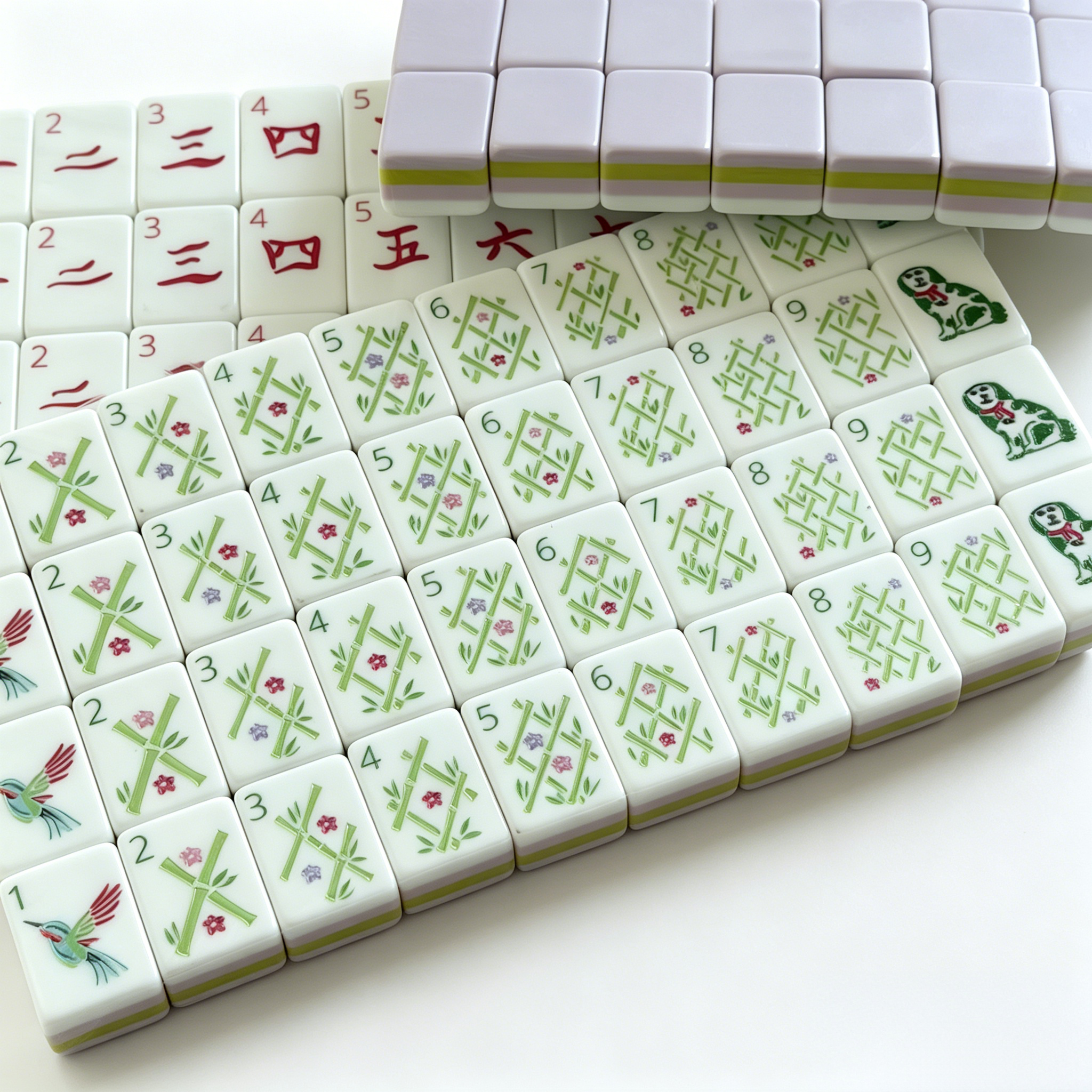 Detailed View of Wisteria Bloom Mahjong Tiles - Soft Purple Acrylic with Elegant Gold and White Inlays