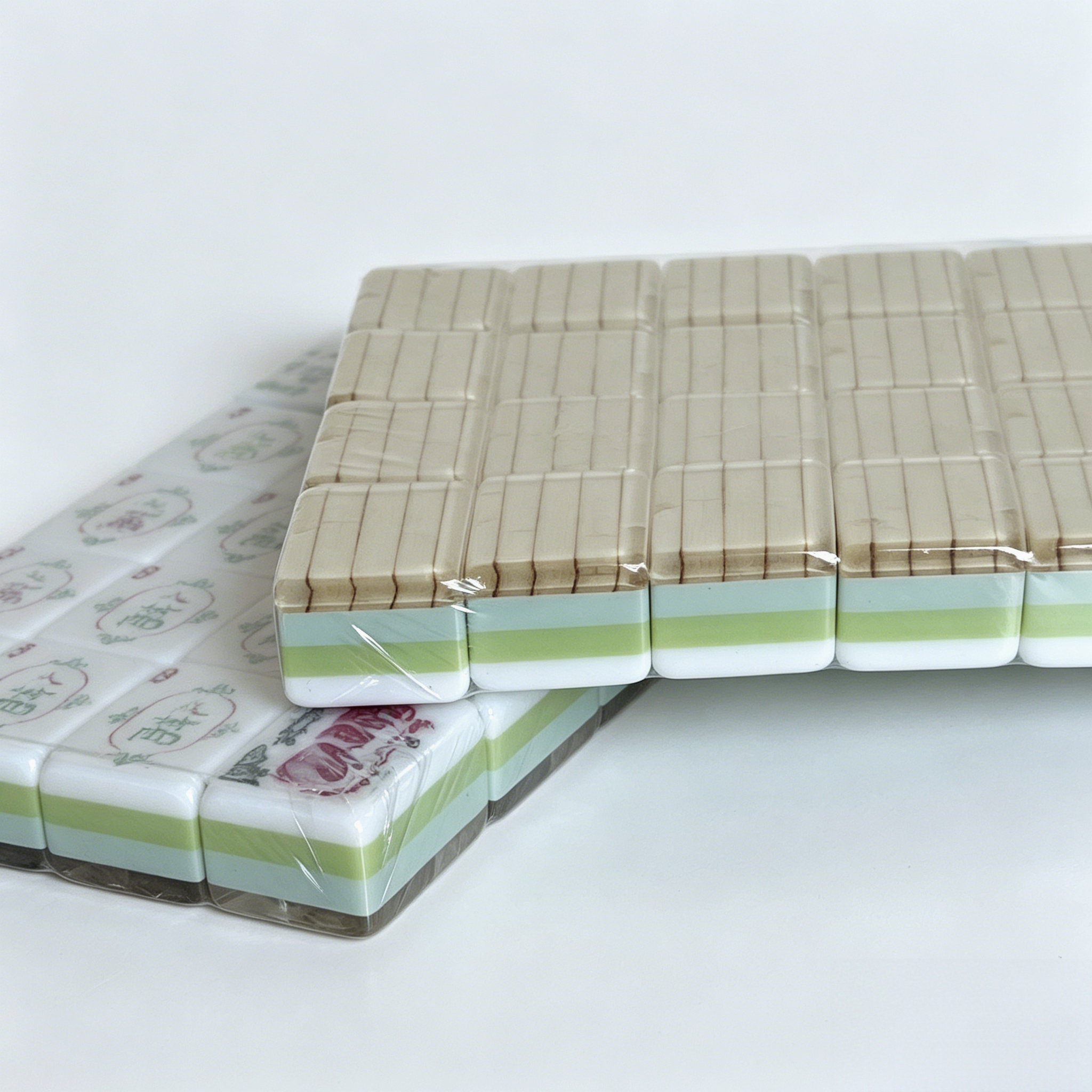 Detailed View of Zen Bamboo Mahjong Tiles - Artisan Bamboo-Grain Acrylic with Elegant Gold Inlays