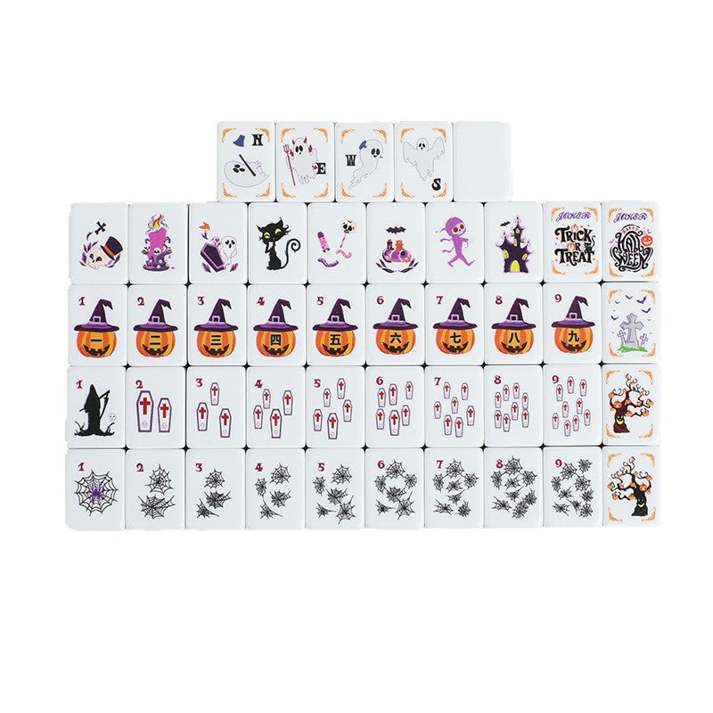 Spooky Night Mahjong Tiles Set – Glossy Orange Candy-Corn Striped Tile Backs with Halloween Pumpkin Dot, Spider-Web Bamboo, Coffin Character, Ghost Wind & Trick-or-Treat Joker American Mahjong Suit Art